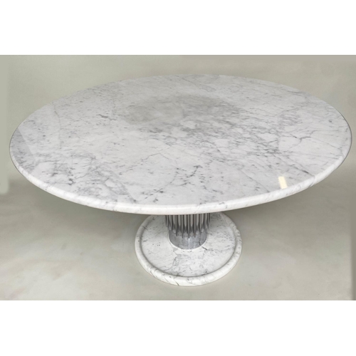 438 - DINING TABLE, Art Deco style circular grey veined white marble on fluted steel column and marble bas... 