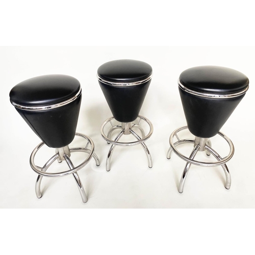 439 - BAR STOOLS, a set of three,1950s style, black leather and chrome, 78cm H x 37cm W. (3)