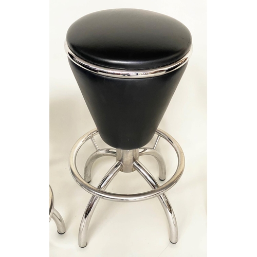 439 - BAR STOOLS, a set of three,1950s style, black leather and chrome, 78cm H x 37cm W. (3)