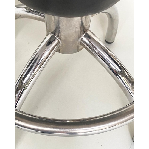 439 - BAR STOOLS, a set of three,1950s style, black leather and chrome, 78cm H x 37cm W. (3)