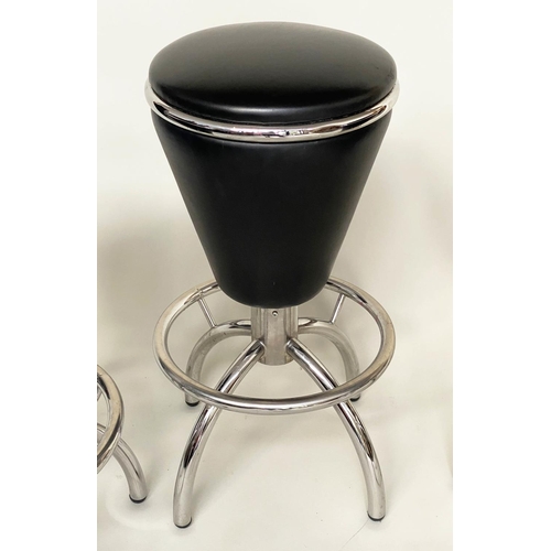 439 - BAR STOOLS, a set of three,1950s style, black leather and chrome, 78cm H x 37cm W. (3)