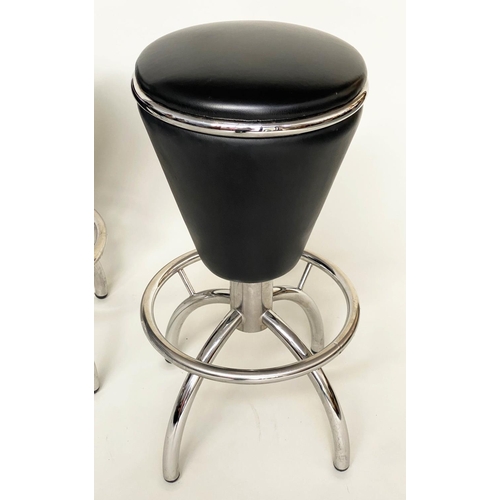 439 - BAR STOOLS, a set of three,1950s style, black leather and chrome, 78cm H x 37cm W. (3)