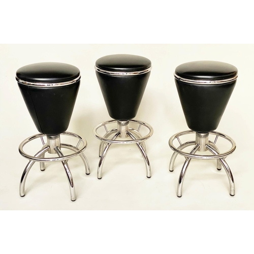 439 - BAR STOOLS, a set of three,1950s style, black leather and chrome, 78cm H x 37cm W. (3)