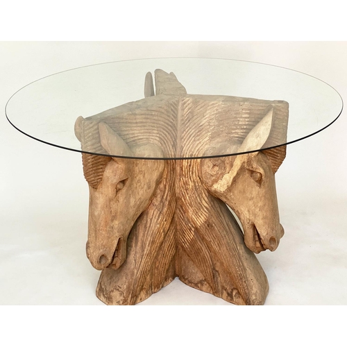 441 - 'HORSES' DINING TABLE, circular glass raised upon carved hardwood triple horse support, 78cm H x 120... 