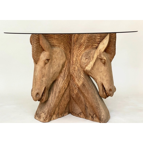 441 - 'HORSES' DINING TABLE, circular glass raised upon carved hardwood triple horse support, 78cm H x 120... 