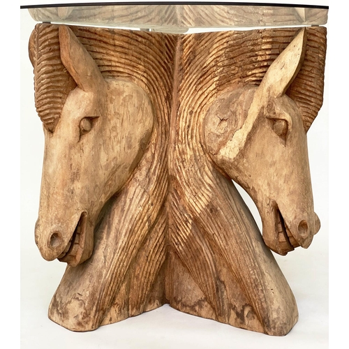 441 - 'HORSES' DINING TABLE, circular glass raised upon carved hardwood triple horse support, 78cm H x 120... 