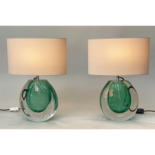 442 - TABLE LAMPS, a pair, 'Mia' by Heathfield & Co, hand blown with intense green 'droplet', 50cm H. (2)