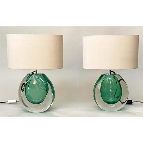 442 - TABLE LAMPS, a pair, 'Mia' by Heathfield & Co, hand blown with intense green 'droplet', 50cm H. (2)