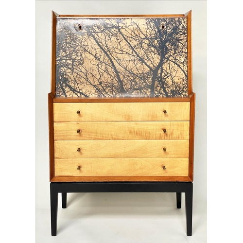 443 - BUREAU, teak and maple with lithograph decorated fall front above four long drawers, 77cm W x 41cm D... 