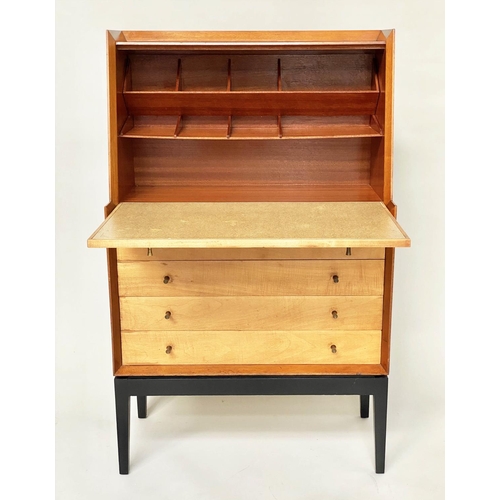 443 - BUREAU, teak and maple with lithograph decorated fall front above four long drawers, 77cm W x 41cm D... 