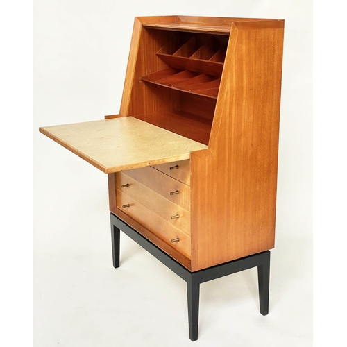 443 - BUREAU, teak and maple with lithograph decorated fall front above four long drawers, 77cm W x 41cm D... 