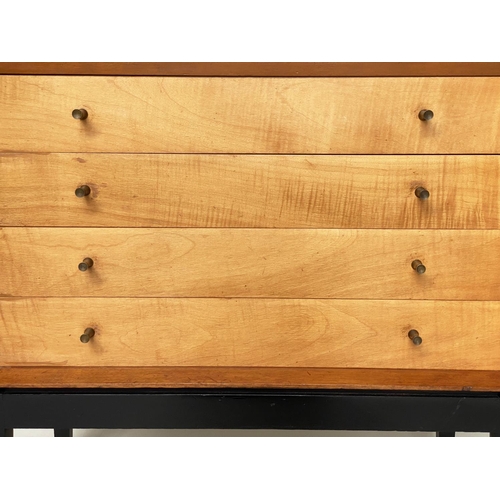 443 - BUREAU, teak and maple with lithograph decorated fall front above four long drawers, 77cm W x 41cm D... 