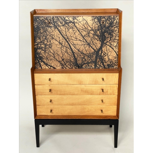 443 - BUREAU, teak and maple with lithograph decorated fall front above four long drawers, 77cm W x 41cm D... 