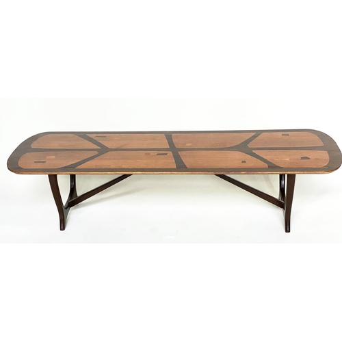 446 - HEALS LONG TOM TABLE, mid 20th century parquetry specimen wood by Everest for Heals, 152cm W x 47cm ... 