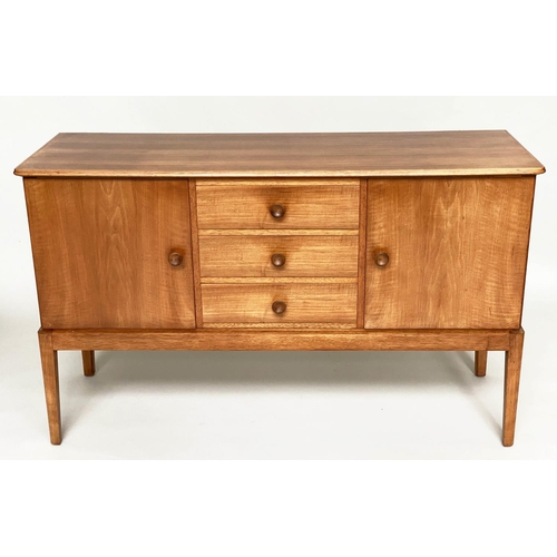 452 - GORDON RUSSELL SIDEBOARD, mid 20th century walnut with three drawers flanked by cupboards labelled v... 