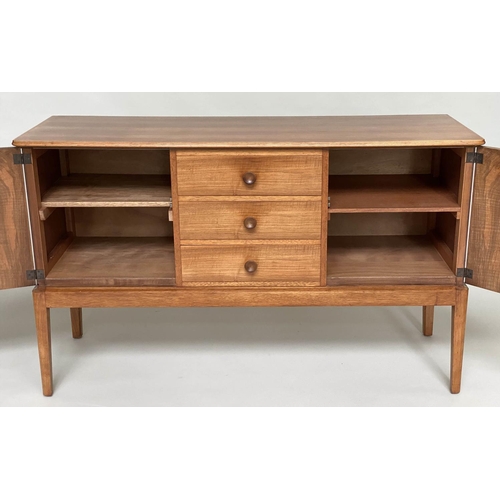 452 - GORDON RUSSELL SIDEBOARD, mid 20th century walnut with three drawers flanked by cupboards labelled v... 