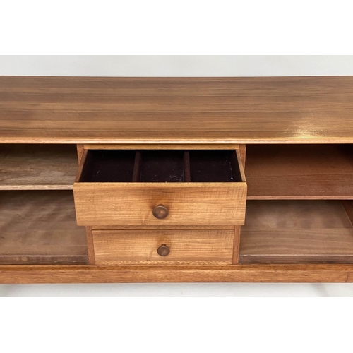 452 - GORDON RUSSELL SIDEBOARD, mid 20th century walnut with three drawers flanked by cupboards labelled v... 