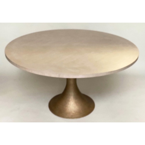 453 - EICHHOLTZ DINING TABLE, circular lined oak on  gilt metal spun column, 141cm W x 75cm H.