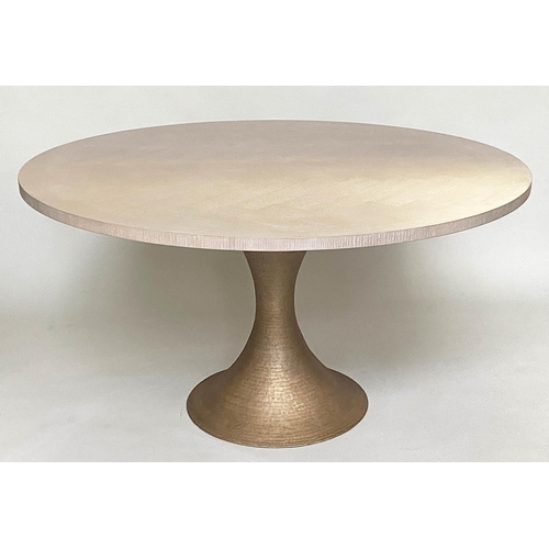 453 - EICHHOLTZ DINING TABLE, circular lined oak on  gilt metal spun column, 141cm W x 75cm H.