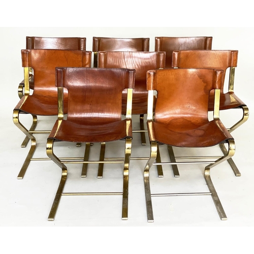 454 - DINING CHAIRS, a set of eight, 1970s Italian stitched leather on gilt metal cantilever frames (stack... 