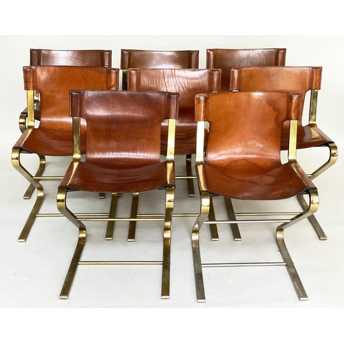 454 - DINING CHAIRS, a set of eight, 1970s Italian stitched leather on gilt metal cantilever frames (stack... 