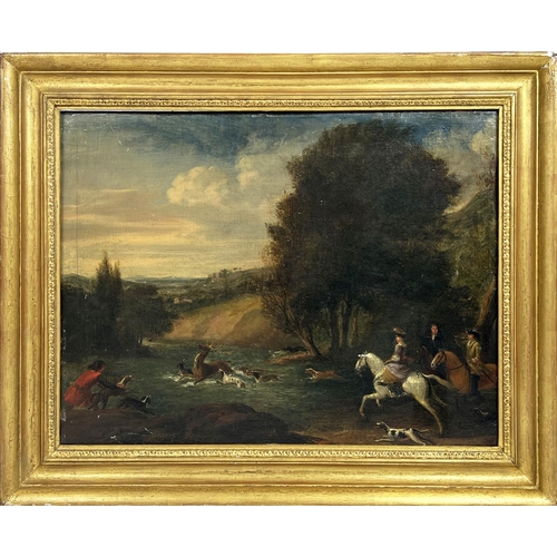 58 - ATTRIBUTED TO JAN WYCK (Dutch 1645-1702), 'A Stag at Bay', oil on canvas, 52cm x 68cm, gilt framed.