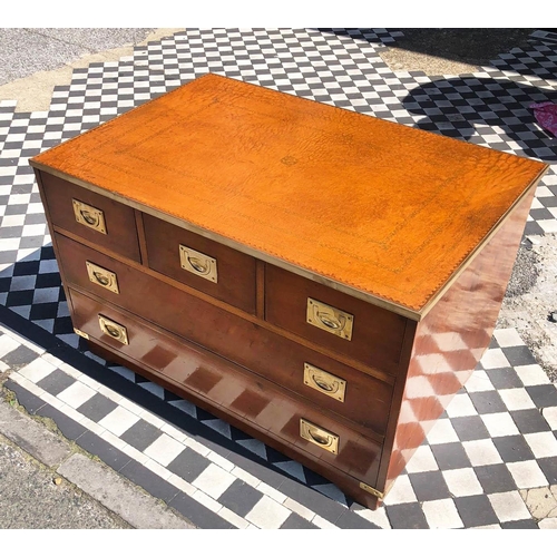 587 - CAMPAIN STYLE CHEST, 56cm H x 91 W x 58cm D, Yew wood & brass bound with brown leather top above 3 s... 