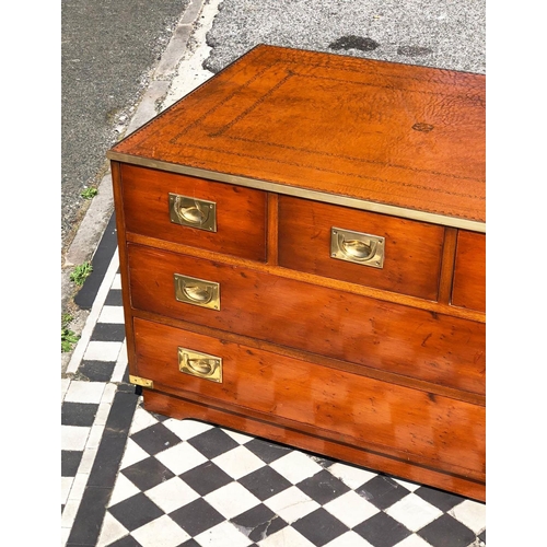 587 - CAMPAIN STYLE CHEST, 56cm H x 91 W x 58cm D, Yew wood & brass bound with brown leather top above 3 s... 