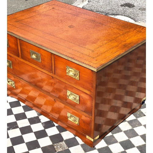 587 - CAMPAIN STYLE CHEST, 56cm H x 91 W x 58cm D, Yew wood & brass bound with brown leather top above 3 s... 