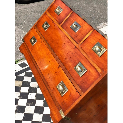 587 - CAMPAIN STYLE CHEST, 56cm H x 91 W x 58cm D, Yew wood & brass bound with brown leather top above 3 s... 