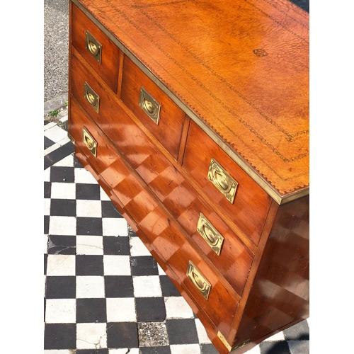 587 - CAMPAIN STYLE CHEST, 56cm H x 91 W x 58cm D, Yew wood & brass bound with brown leather top above 3 s... 