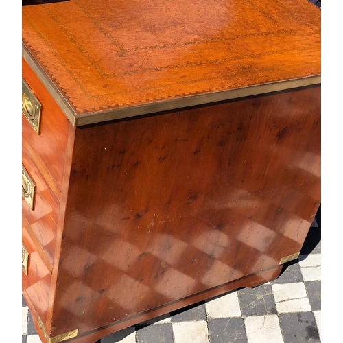 587 - CAMPAIN STYLE CHEST, 56cm H x 91 W x 58cm D, Yew wood & brass bound with brown leather top above 3 s... 