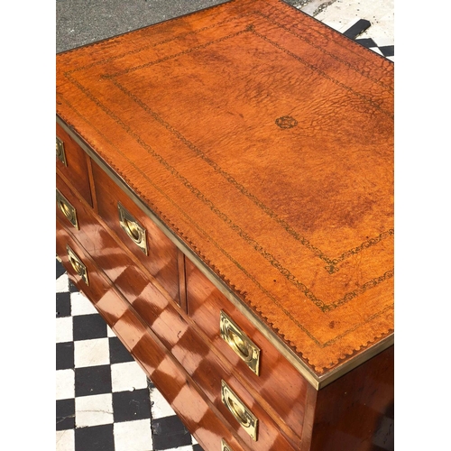 587 - CAMPAIN STYLE CHEST, 56cm H x 91 W x 58cm D, Yew wood & brass bound with brown leather top above 3 s... 