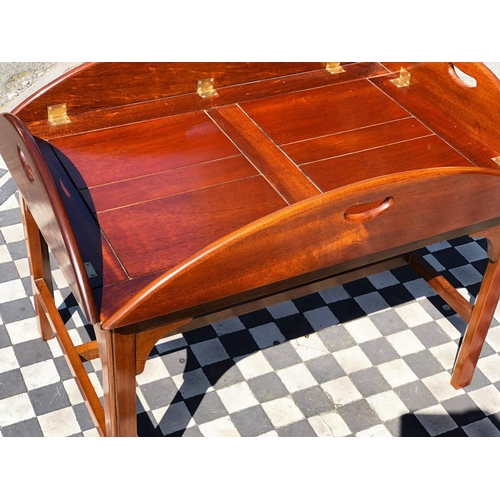 588 - BUTLERS TRAY TABLE, 55cm H x 120cm W 90cm D, Georgian style mahogany with hinged handled oval tray o... 