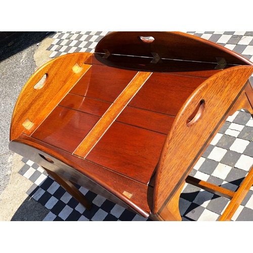 588 - BUTLERS TRAY TABLE, 55cm H x 120cm W 90cm D, Georgian style mahogany with hinged handled oval tray o... 