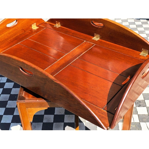 588 - BUTLERS TRAY TABLE, 55cm H x 120cm W 90cm D, Georgian style mahogany with hinged handled oval tray o... 