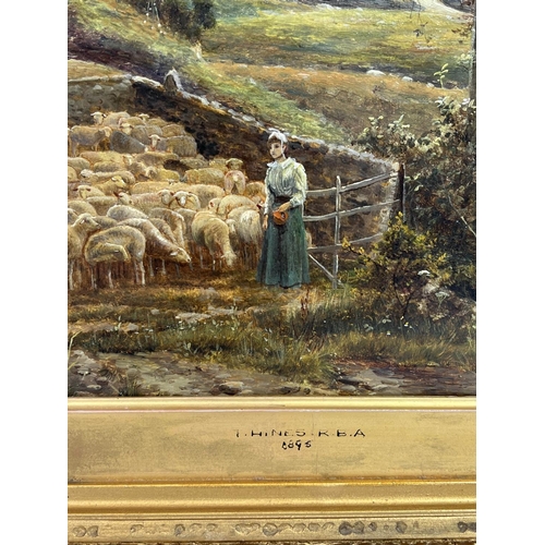 59 - THEODORE HINES (British 1860-1889) 'A Shepherd and his wife with their flock', oil on canvas, 45cm x... 