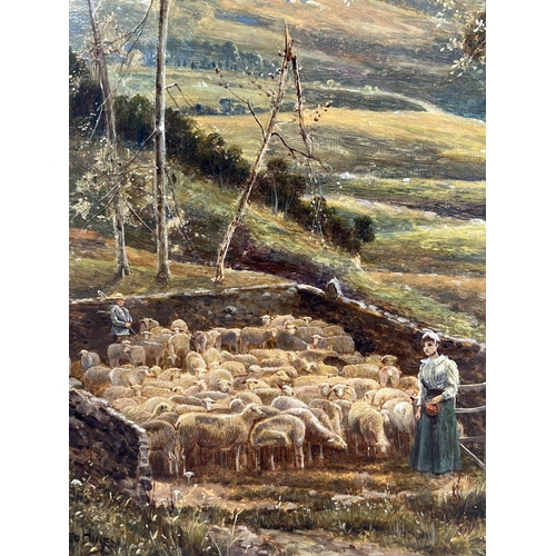 59 - THEODORE HINES (British 1860-1889) 'A Shepherd and his wife with their flock', oil on canvas, 45cm x... 