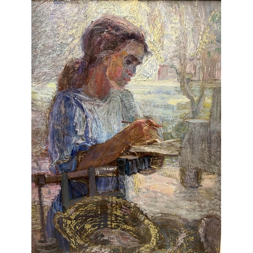 62 - NOE NESTEROVICH GEDENIDZE (Russian/Georgian 1914-2002), 'Accountant Practicing', oil on canvas, 86cm... 