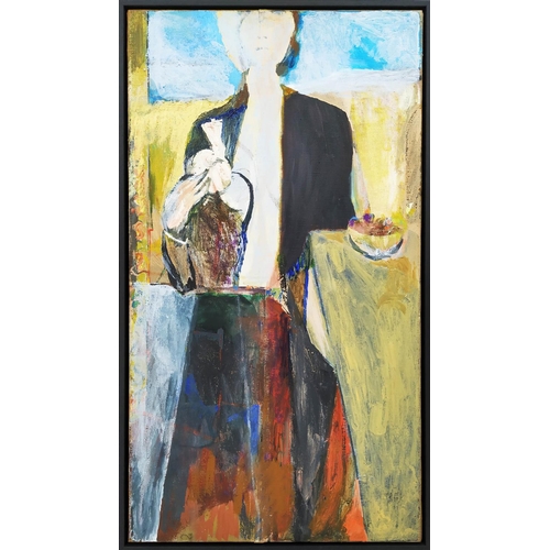 66 - JONATHAN RICHARD TURNER (b1937), 'Woman with Jug and Fruit', oil on canvas, 93cm x 53cm, signed, tit... 