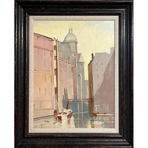 73 - WILLIAM EYRE (British 1891-1999), 'T Kolkje, Amsterdam', oil on board, 58cm x 44cm, framed.