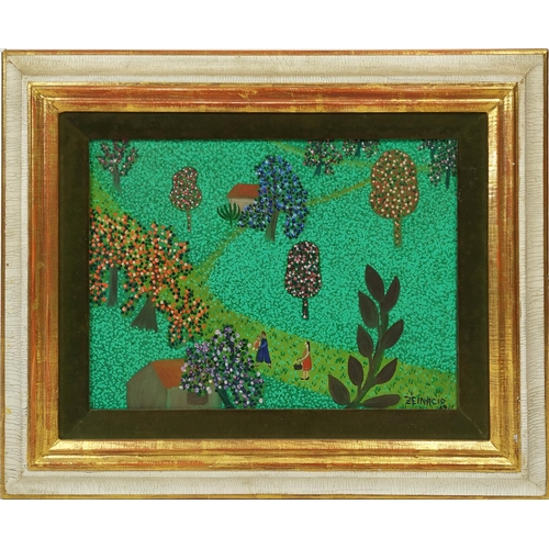 76 - ZE INACIO (b1927, Sao Paolo, Brazil), 'Paisagem Con Figuras', oil on canvas, 28cm x 39cm, signed, fr... 