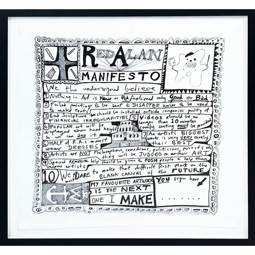 82 - SIR GRAYSON PERRY, Handkerchief Artwork entitled, 'Red Alan Manifesto, digital print on a cotton nap... 