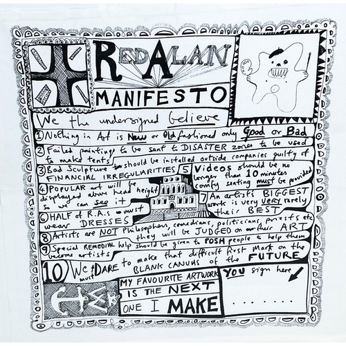 82 - SIR GRAYSON PERRY, Handkerchief Artwork entitled, 'Red Alan Manifesto, digital print on a cotton nap... 