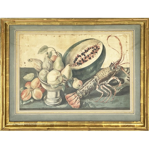 97 - 19TH CENTURY SCHOOL, 'Still Life with Lobster' watercolour, 40cm x 54cm, framed.