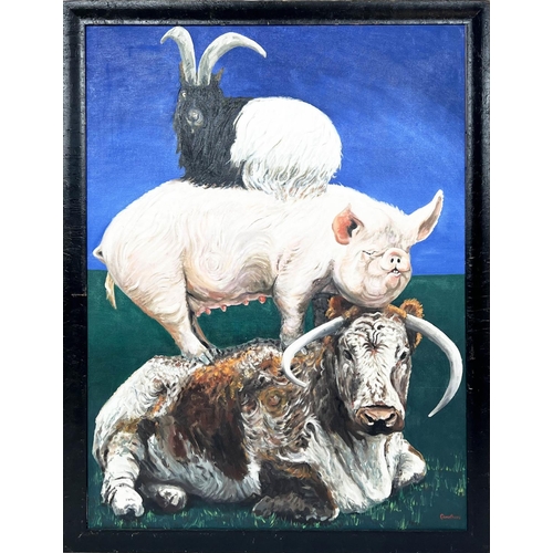 12 - DEREK CARRUTHERS (British 1935-2021) 'Three Beasts', oil on canvas, 121cm x 91cm, framed. (Subject t... 