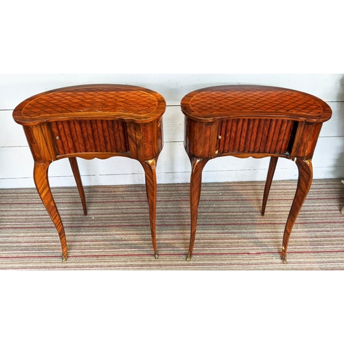 278 - SIDE TABLES, a pair, 57cm W x 70cm H, kidney shaped, with inlaid parquetry detail, tambour fronts re... 