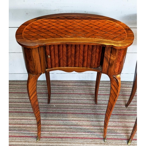 278 - SIDE TABLES, a pair, 57cm W x 70cm H, kidney shaped, with inlaid parquetry detail, tambour fronts re... 