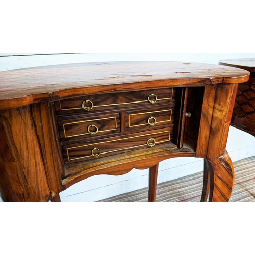 278 - SIDE TABLES, a pair, 57cm W x 70cm H, kidney shaped, with inlaid parquetry detail, tambour fronts re... 