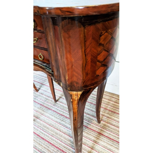 278 - SIDE TABLES, a pair, 57cm W x 70cm H, kidney shaped, with inlaid parquetry detail, tambour fronts re... 